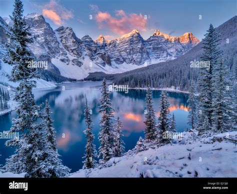 Sunrise And First Snow Of The Season On Moraine Lake Banff National