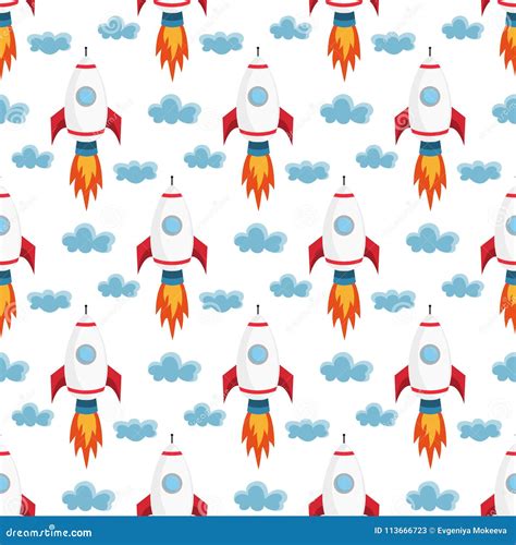 Seamless Pattern With Space Rockets On The White Background Stock
