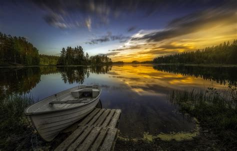 Wallpaper Trees Sunset Lake Reflection Boat Norway Norway