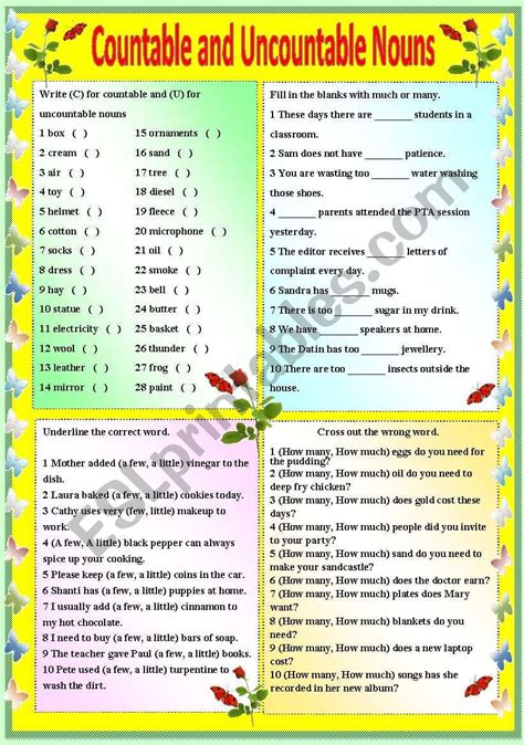 Countable And Uncountable Nouns Bw Version And Answer Key Esl
