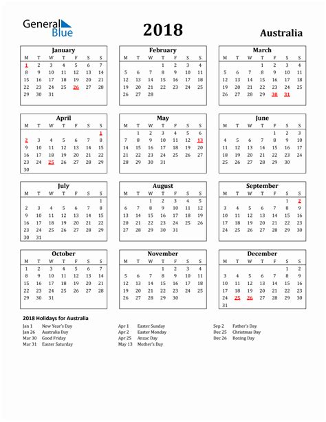Free Printable 2018 Australia Holiday Calendar