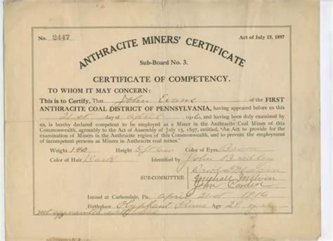 1916 Anthracite Coal Miner Certificate Of Competency Carbondale Pa