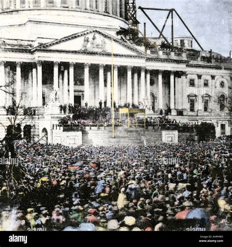 Inauguration Of Abraham Lincoln At The Unfinished Us Capitol March 4 1861 Hand Colored Halftone