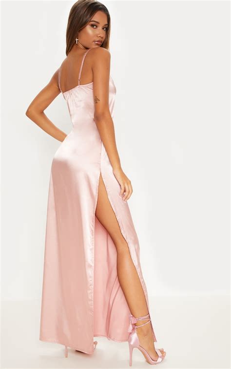rose strappy plunge satin maxi dress prettylittlething ca