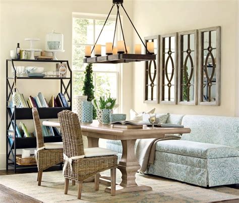 This fun dining room features a white midcentury modern table paired with brown leather chairs and a gold starburst chandelier overhead. Customizable banquette seating | Dining room remodel ...