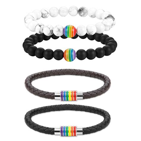 4pcs mens rainbow gay pride magnetic leather bangle lgbt beaded bracelet jewelry ebay