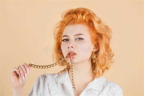 Redhead Woman Close Up Portrait With Golden Chain In Mouth Stock Image Image Of Face Mouth