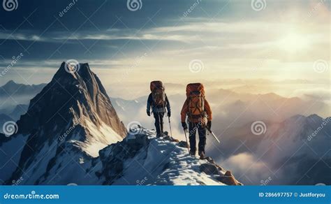 Two Climbers Ascending The Snowy Mountain Peak Generative Ai Stock