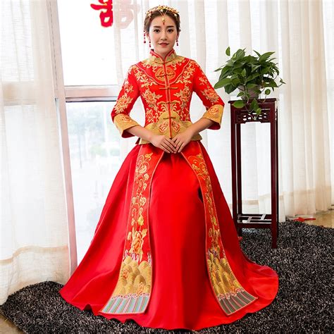 Red Chinese Wedding Bride Cheongsam Traditional Style Evening Dress Embroidery Long Qipao Womens