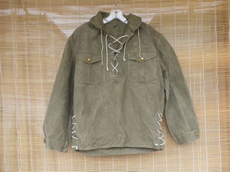 Vintage 1950s Army Green Canvas Hooded Pullover Anorak