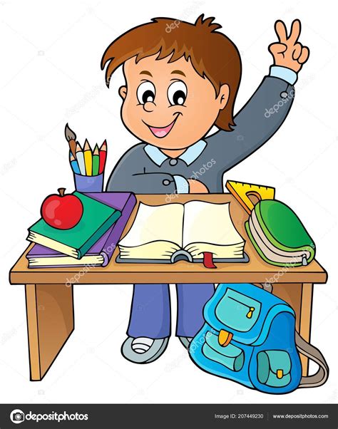 Verleihe deinem schreibtisch mit einem dekorativen touch ein wenig persönlichkeit. Junge Hinter Schule Schreibtisch Thema Bild Eps10 Vektor ...