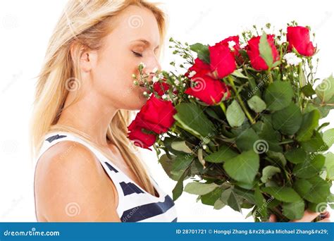 Woman Smelling Roses Stock Image Image Of Adult Beautiful 28701721