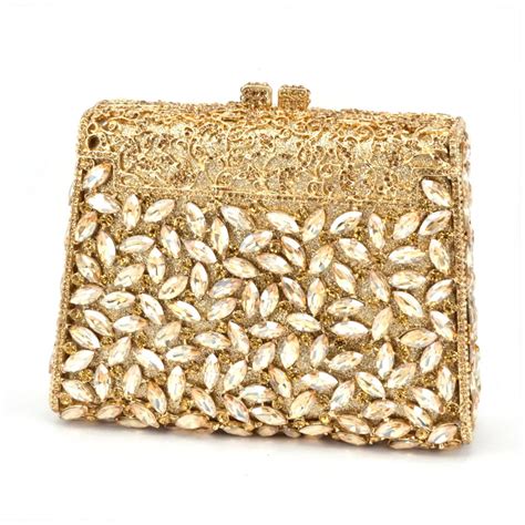 T Box Gold Colors Crystal Metal Clutches Hard Case Bridal Evening