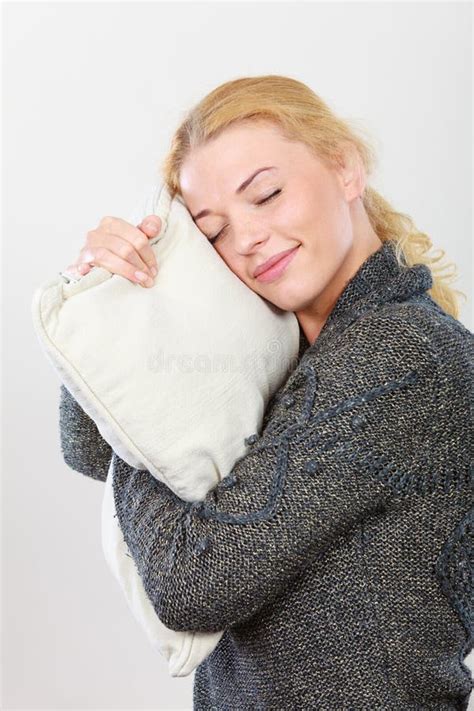 Sleepy Happy Woman Hugging White Pillow Stock Image Image Of Holding