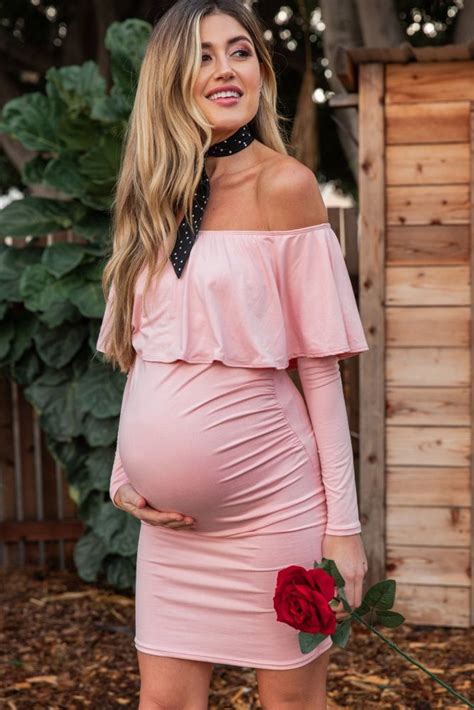 Pinkblush Mauve Ruffle Trim Off Shoulder Fitted Maternity Dress In 2020 Maternity Dresses