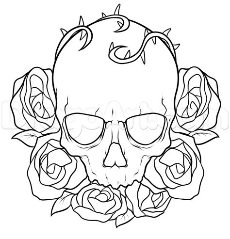 How To Draw A Skull And Roses Tattoo Step Skulls Drawings Tattoo Drawings Skull Sketch