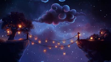 Wallpaper Magic Clouds Night Lanterns Bridge Stars Digital Art