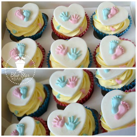 Hand & footprint baby shower ideas. Baby Shower Cupcakes Boy Girl Pink Blue Handprint ...
