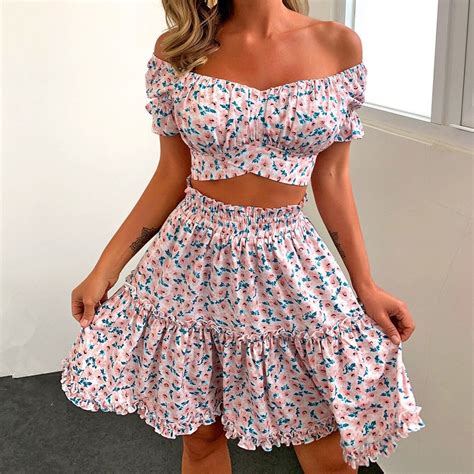 Women Summer Bohemian Floral Skirts Two Piece Set Off Shoulder Short Sleeve Crop Tops A Line
