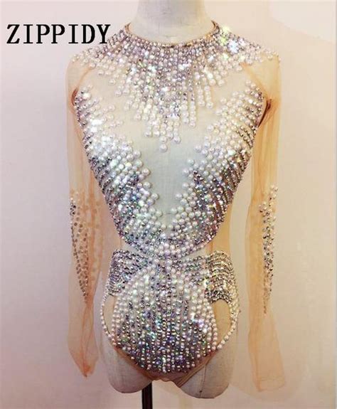 pearls rhinestones bodysuit women s one piece mesh stretch outfit bling nightclub sparkly
