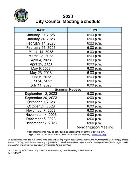 Council Meeting Schedule Thousand Oaks Ca