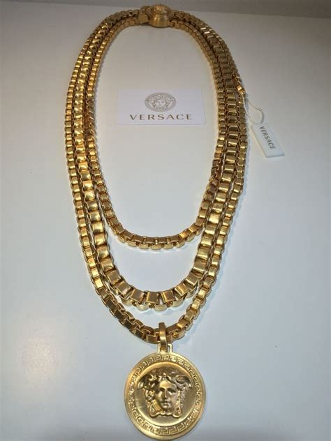 Polish finish or brushed satin finish with accents dimension: AUTHENTIC VERSACE TRIPLE CHAIN NECKLACE GOLD PLATED MEDUSA ...