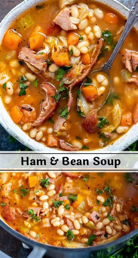 Add chicken broth, bay leaves, red lentils, thyme, ham and/or ham bone, curry powder and salt and pepper to taste. ham and bean soup recipe photo collage | Bean soup recipes ...