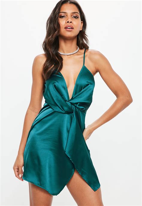 Teal Satin Strappy Wrap Shift Dress Missguided Trending Dresses