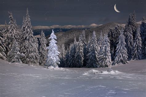 Beautiful Winter Landscape In The Mountains At Night With