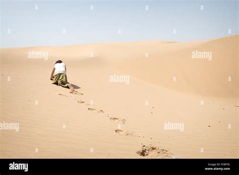 Man Crawling On All Fours Alone In The Desert Stock Photo Alamy
