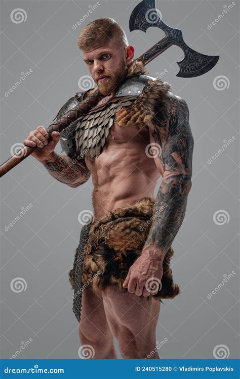 Violent Viking With Muscular Build And Axe On His Shoulder Stock Photo Image Of Inside Fierce