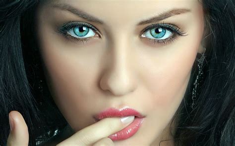 Women Model Brunette Face Long Hair Looking At Viewer Finger In Mouth Blue Eyes Dark