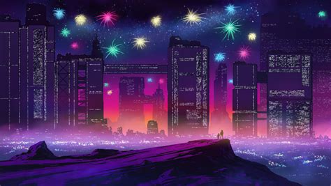 850x480 Fireworks In Futuristic City 850x480 Resolution Wallpaper Hd