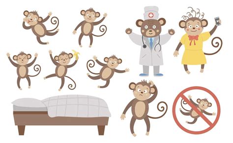 Vector Set With Cute Five Little Monkeys Mommy Doctor Bed Isolated