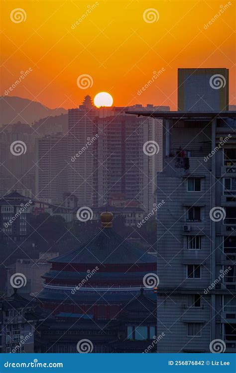 Sunset Over Chongqing City Stock Photo Image Of Building 256876842