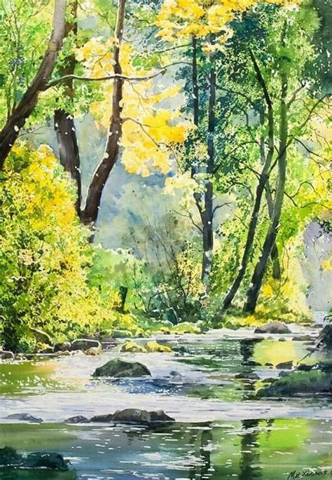 Beautiful Yellow And Spring Green Trees Reflecting Into A Watercolor