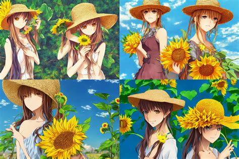 Anime Girl Wearing Straw Hat Holding A Sunflower Stable Diffusion