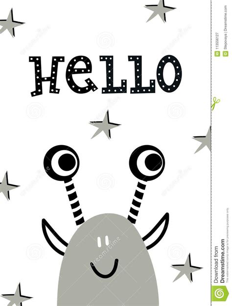 Hello Funny Nursery Poster With Monster And Lettering Monochrome