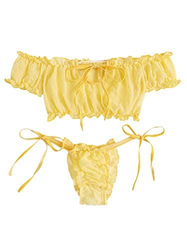 Buy Women S Self Tie Ruffle Trim Dobby Mesh Lingerie Set Sexy Bra And