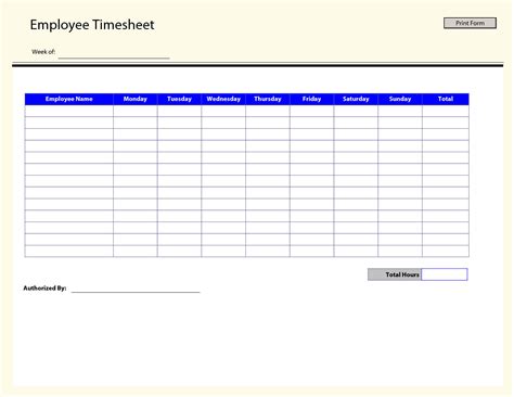 Blank Employee Timesheet Template Templates Printable Free With