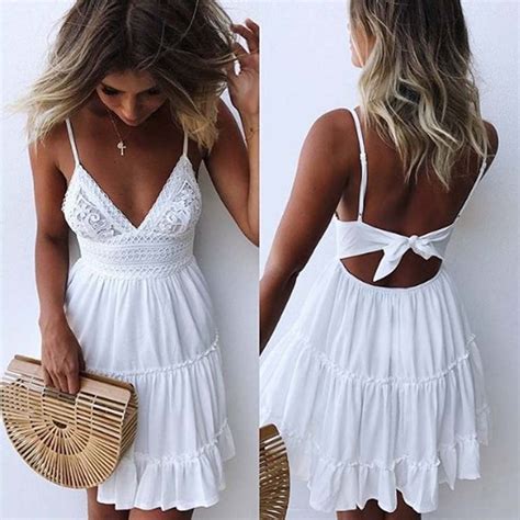 Women Summer Backless Mini Dress Cute Tie Back Ruffle Strap A Line Short Dress White Evening