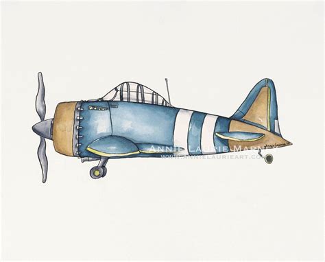 Vintage Airplane 8x10 Watercolor Print Navy And Gold Airplane Aviation