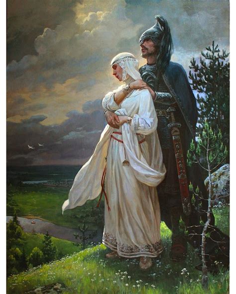 A Painting Of A Man And Woman Standing Next To Each Other On Top Of A Hill