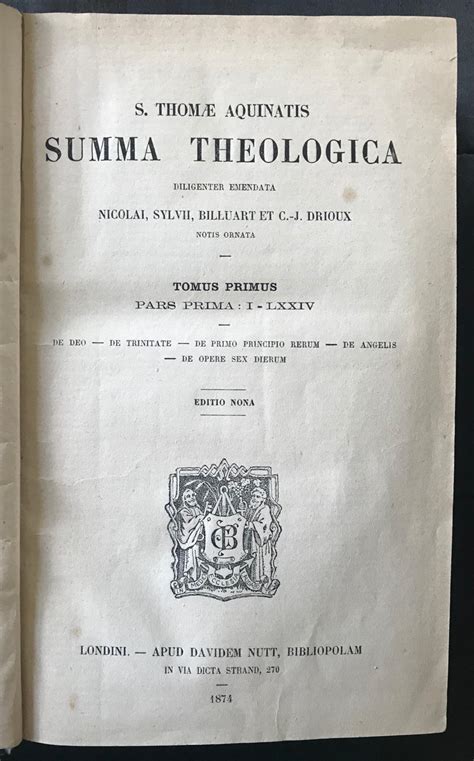Summa Theologica By Aquinas Thomas Very Good Hardcover 1874 Symonds Rare Books Ltd
