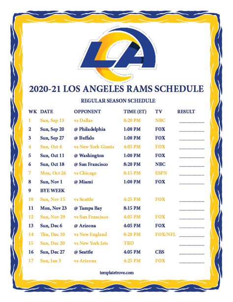 The 49ers will open the 2020 season at home at levi's stadium in santa clara when they host the arizona cardinals on sunday, sept. Printable 2020-2021 Los Angeles Rams Schedule