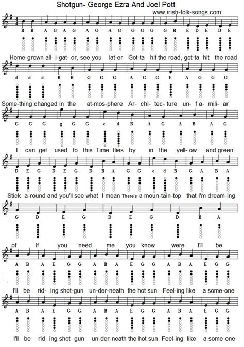 On this site, you'll find sheet music and audio samples for many irish and scottish folk tunes, as well as tunes that just sound good on the whistle. Shotgun Tin Whistle Music Notes - Irish folk songs