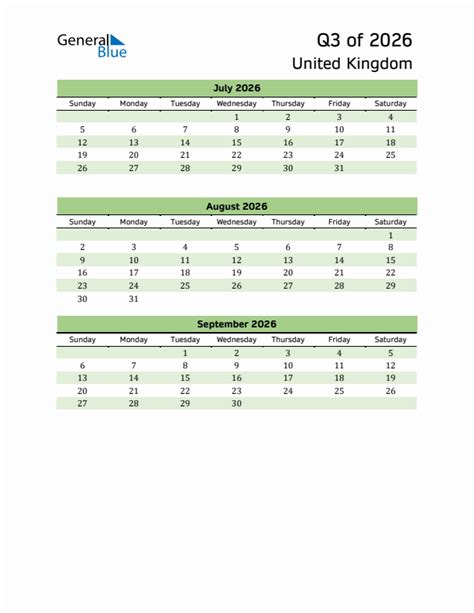 Q3 2026 Quarterly Calendar With United Kingdom Holidays