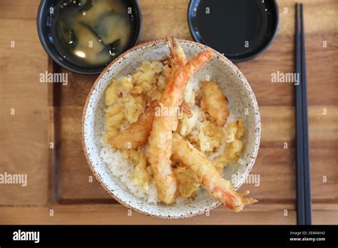 Tempura Donburi Fried Shrimp Tempura On Rice Japanese Food On Wooden