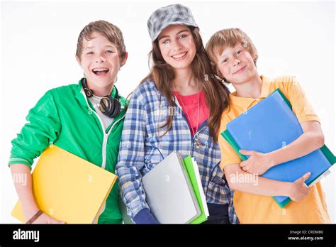 Three Friends One Girl And Two Boys With Folders Notebooks Stock