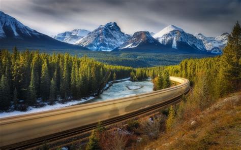 Download Wallpapers Railroad Mountain River Forest Hdr Alberta